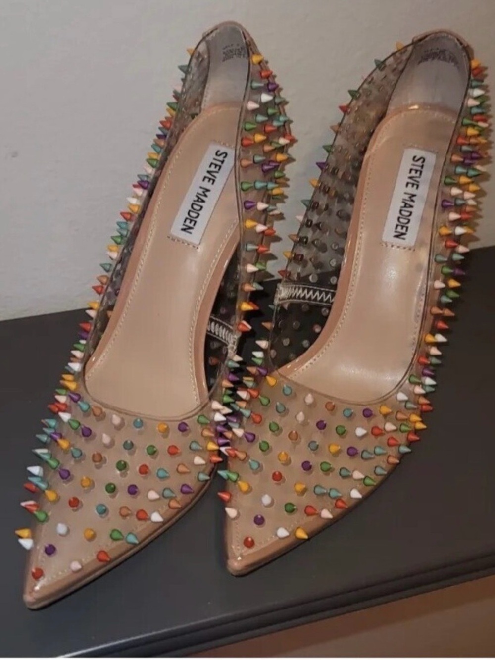 Steve Madden Nude Pointed Pumps with Multicolor Spike Studs